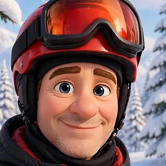 Cartoon of Sean Phillips in his ski helmet and goggles